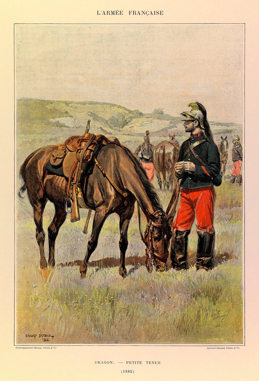 Typer og uniformer af kaptajn Jules Richards franske armé, illustreret af Edouard Detaille (1848-1912): Drage i lille dragt i 1885, Privat samling af Jean Baptiste Edouard Detaille
