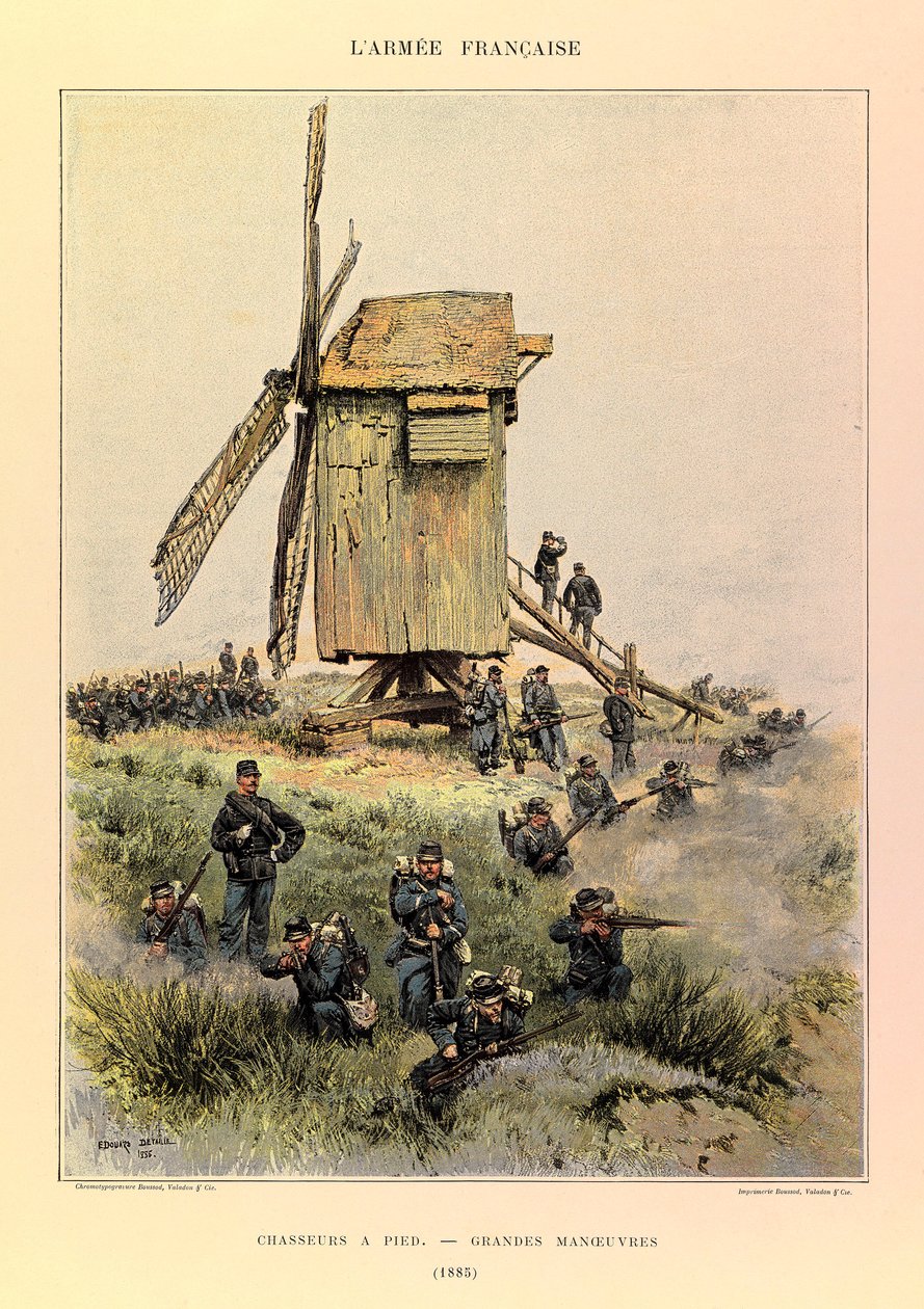 Typer og uniformer af kaptajn Jules Richards franske Armee, illustreret af Edouard Detaille (1848-1912): Jægere til fods; de store manøvrer i 1885, Privat Samling af Jean Baptiste Edouard Detaille
