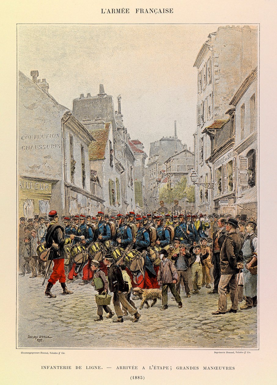 Typer og uniformer af kaptajn Jules Richards franske armé, illustreret af Edouard Detaille (1848-1912): Linjeinfanteri: Ankomst til scenen under de store manøvrer i 1885, Privat samling af Jean Baptiste Edouard Detaille