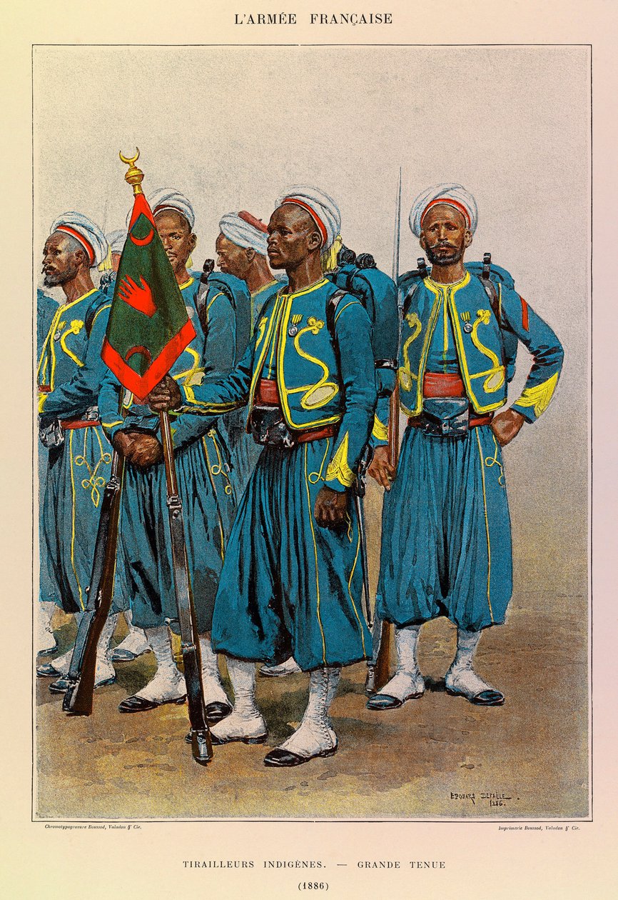 Typer og uniformer af kaptajn Jules Richards franske armé, illustreret af Edouard Detaille (1848-1912): Native Tirailleurs in Great Outfit in 1886, Private Collection af Jean Baptiste Edouard Detaille