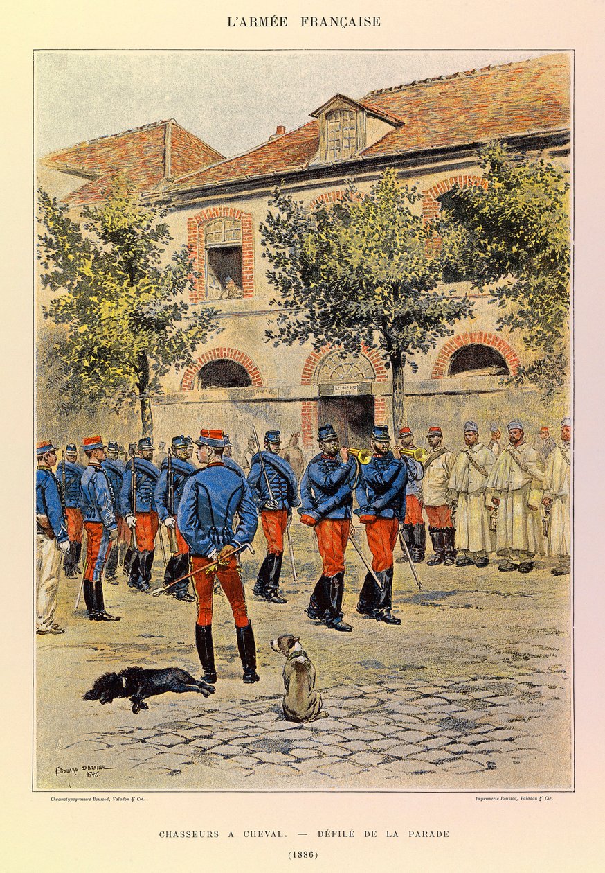 Typer og uniformer af kaptajn Jules Richards franske Armee, illustreret af Edouard Detaille (1848-1912): Hunters a Horseback; Defile de la parade en 1886, Collection Partiale af Jean-Baptiste Edouard Detaille
