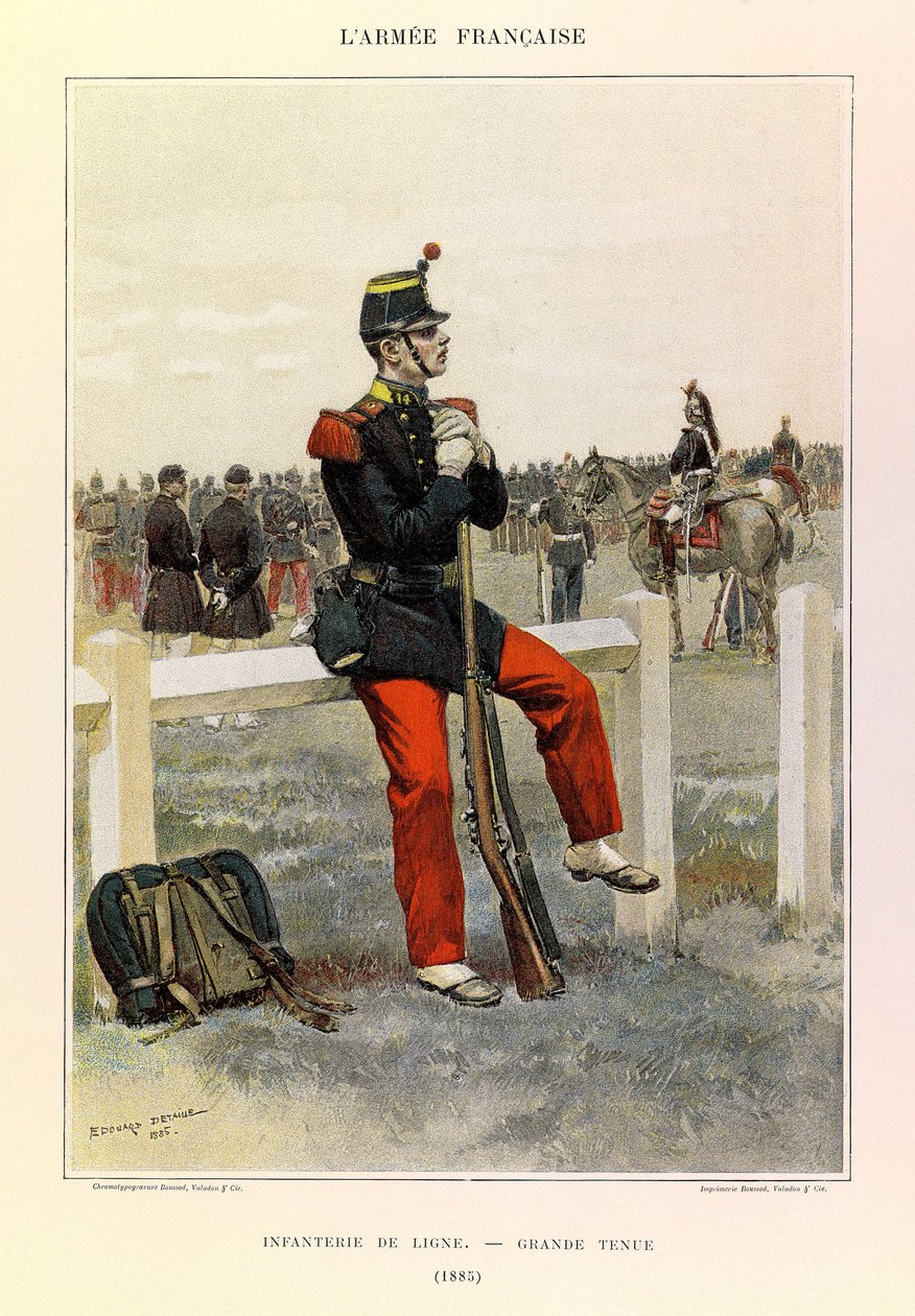 Typer og uniformer af kaptajn Jules Richards franske armé, illustreret af Edouard Detaille (1848-1912): Infantry de line en grande-style in 1885, Collection Partial af Jean Baptiste Edouard Detaille