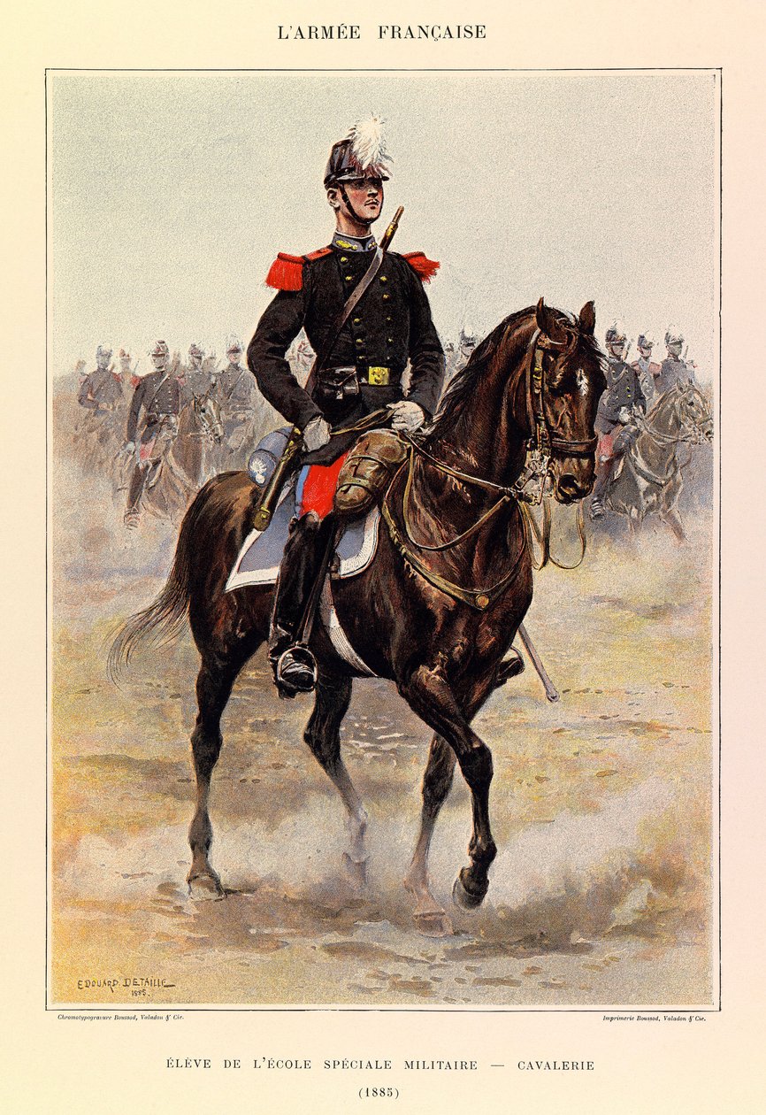 Typer og uniformer af kaptajn Jules Richards franske Armee, illustreret af Edouard Detaille (1848-1912): Elev af den særlige militærskole: Kavaleri i 1885, Privat samling af Jean Baptiste Edouard Detaille