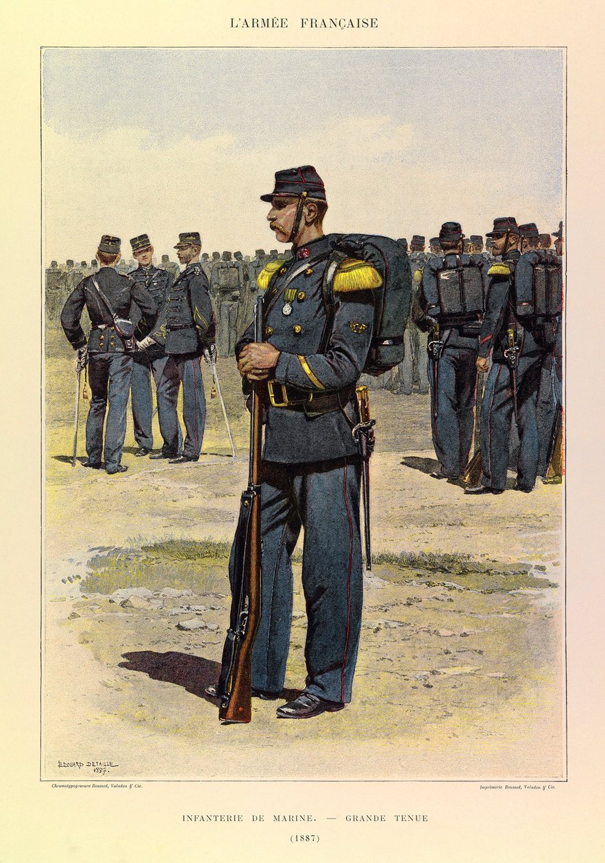 Typer og uniformer af kaptajn Jules Richards franske Armee, illustreret af Edouard Detaille (1848-1912): Infantry of Marine in Great Dress in 1887, Private Collection af Jean Baptiste Edouard Detaille