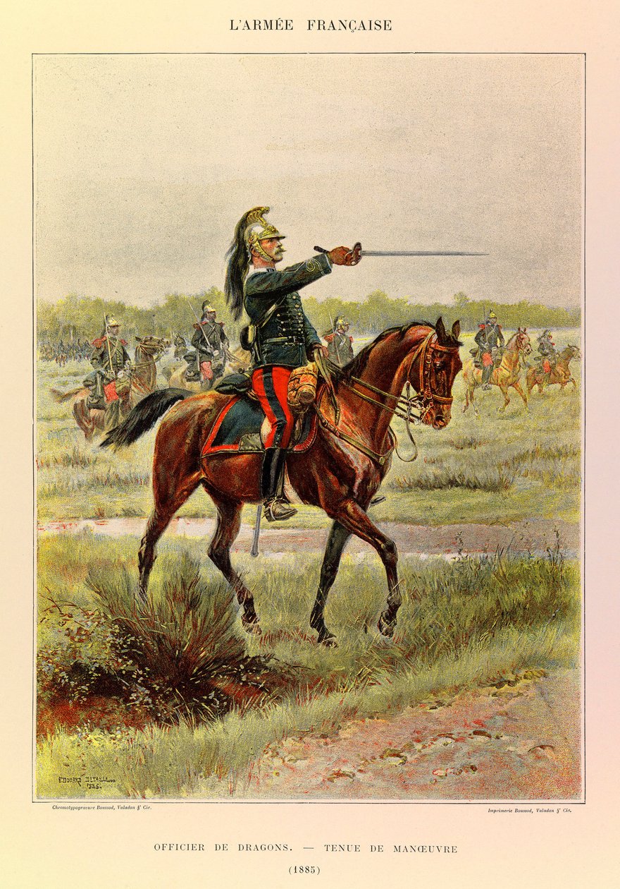 Typer og uniformer af kaptajn Jules Richards franske armé, illustreret af Edouard Detaille (1848-1912): Dragonofficer i manøvredragt i 1885, privat samling af Jean Baptiste Edouard Detaille