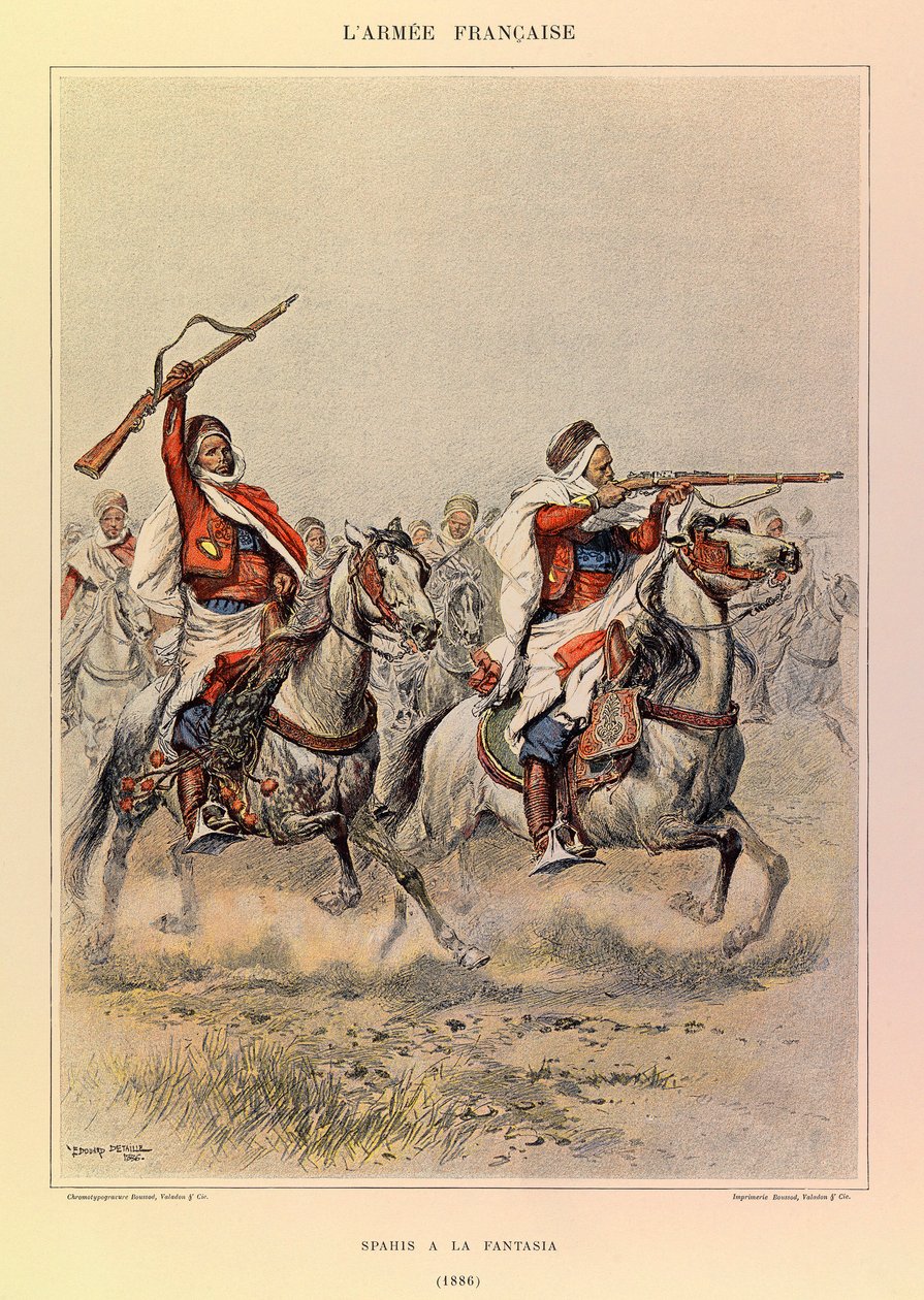 Typer og uniformer af kaptajn Jules Richards franske armé, illustreret af Edouard Detaille (1848-1912): Spahis a la Fantasia i 1886, privat samling af Jean Baptiste Edouard Detaille