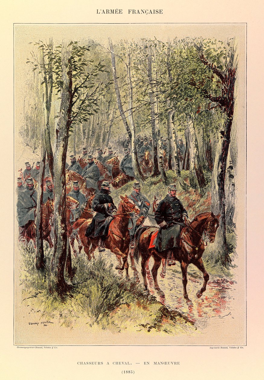 Typer og uniformer af kaptajn Jules Richards franske Armee, illustreret af Edouard Detaille (1848-1912): Hunters a horse in maneuver in 1885, Private Collection af Jean Baptiste Edouard Detaille
