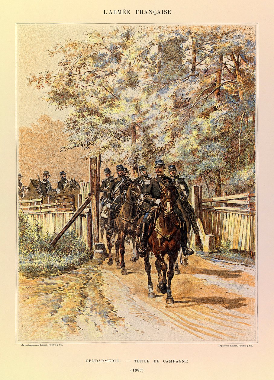 Typer og uniformer af kaptajn Jules Richards franske armé, illustreret af Edouard Detaille (1848-1912): Gendarmerie i feltkjole i 1887, privat samling af Jean Baptiste Edouard Detaille