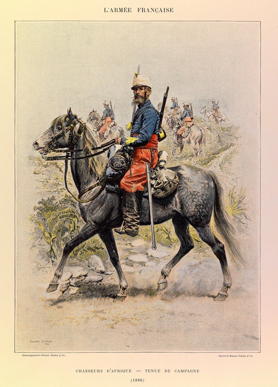 Typer og uniformer af kaptajn Jules Richards franske Armee, illustreret af Edouard Detaille (1848-1912): Hunters of Africa in Country Dress in 1886, Private Collection af Jean Baptiste Edouard Detaille