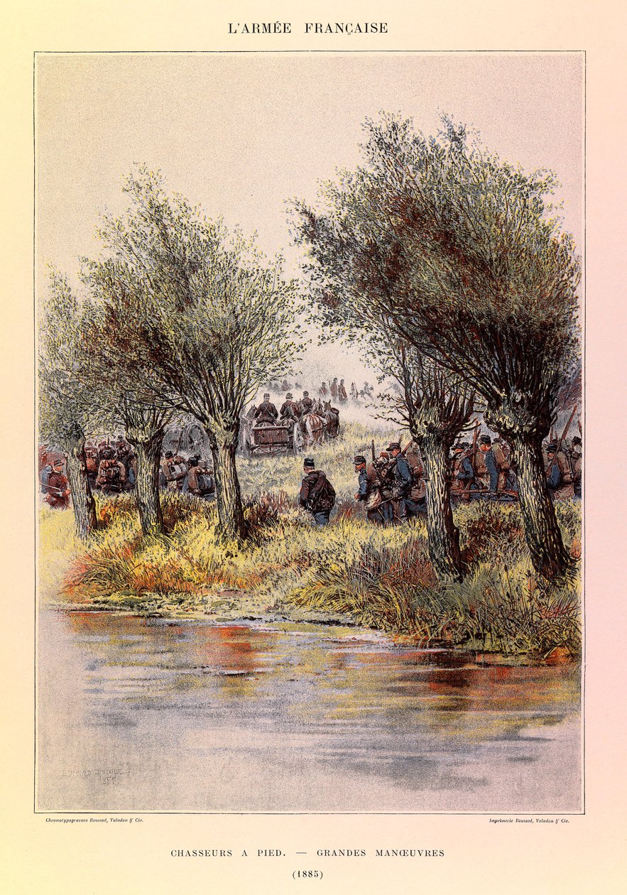 Typer og uniformer af kaptajn Jules Richards franske Armee, illustreret af Edouard Detaille (1848-1912): Jægere til fods; de store manøvrer i 1885, Privat Samling af Jean Baptiste Edouard Detaille