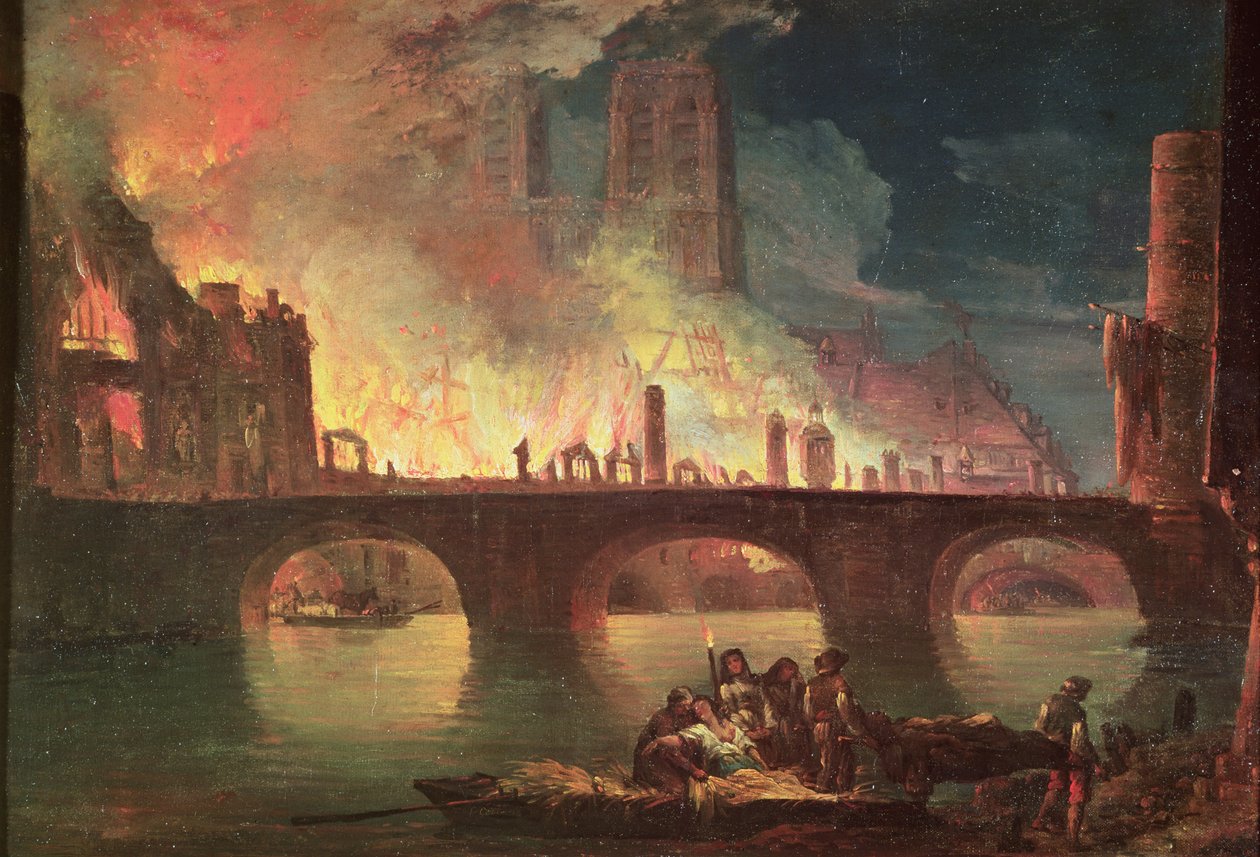 En brand på Hotel-Dieu i 1772 af Jean Baptiste Genillion