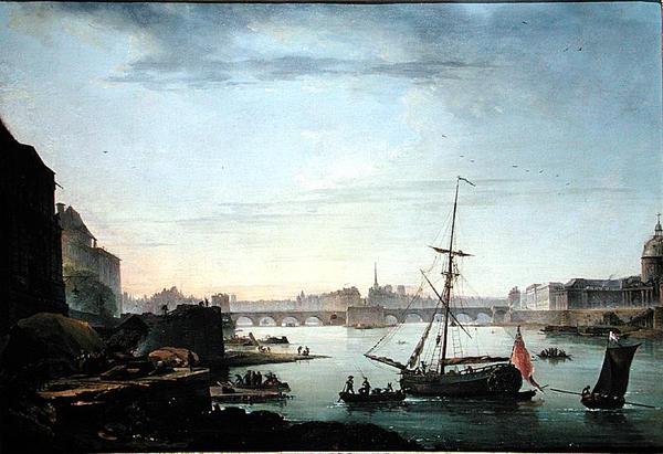 Udsigt over Pont Neuf, Paris, virkning af morgen (olie på lærred) (se 155782 for par) af Jean Baptiste Genillion