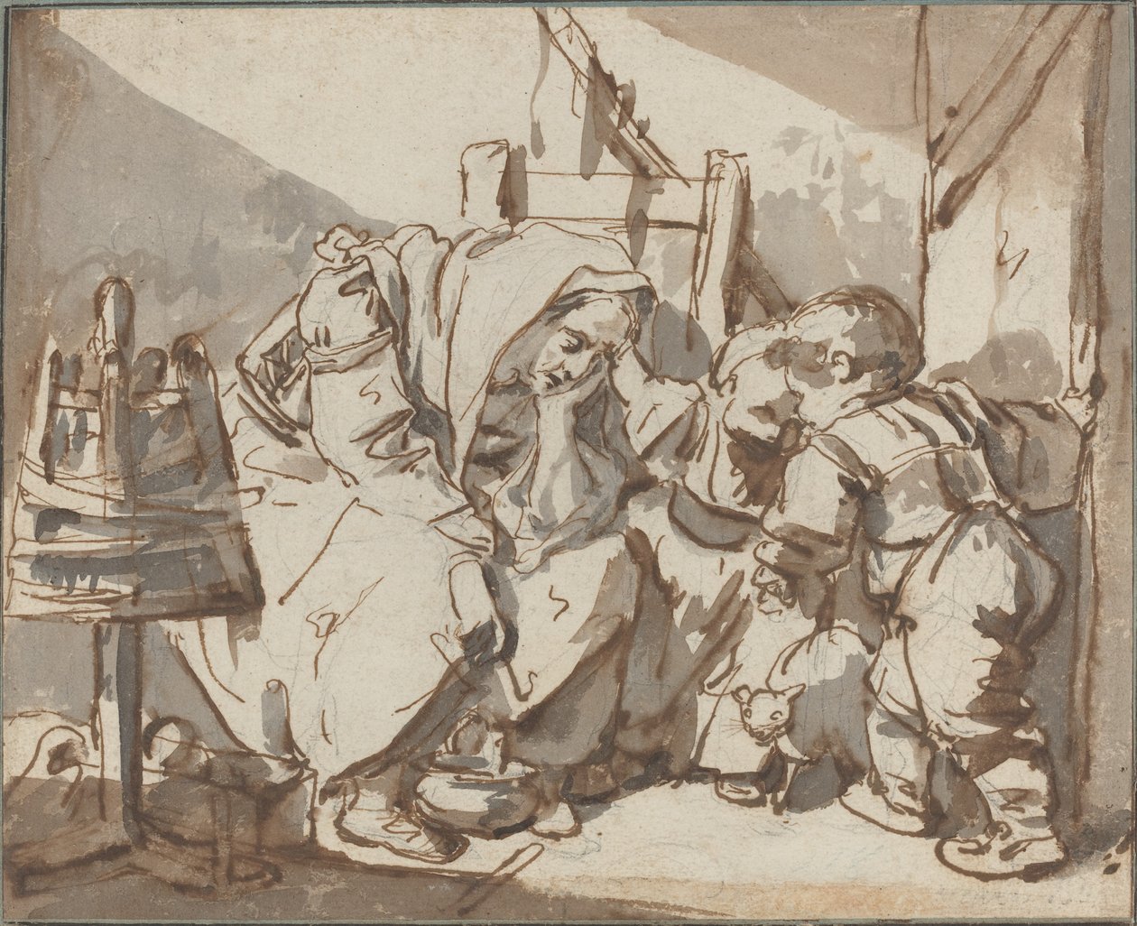 En træt kvinde med to børn af Jean Baptiste Greuze