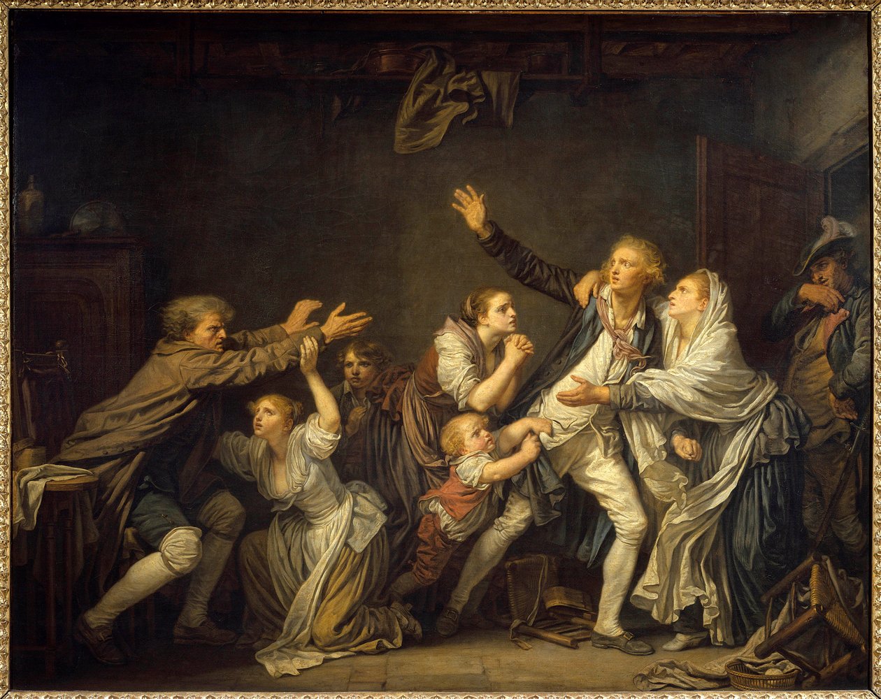 En far nægter, at hans søn er tvunget til at forlade familiens hjem. Maleri af Jean Baptiste Greuze (1725-1805) 1777 søn. 1,30 x 1,62 m af Jean Baptiste Greuze