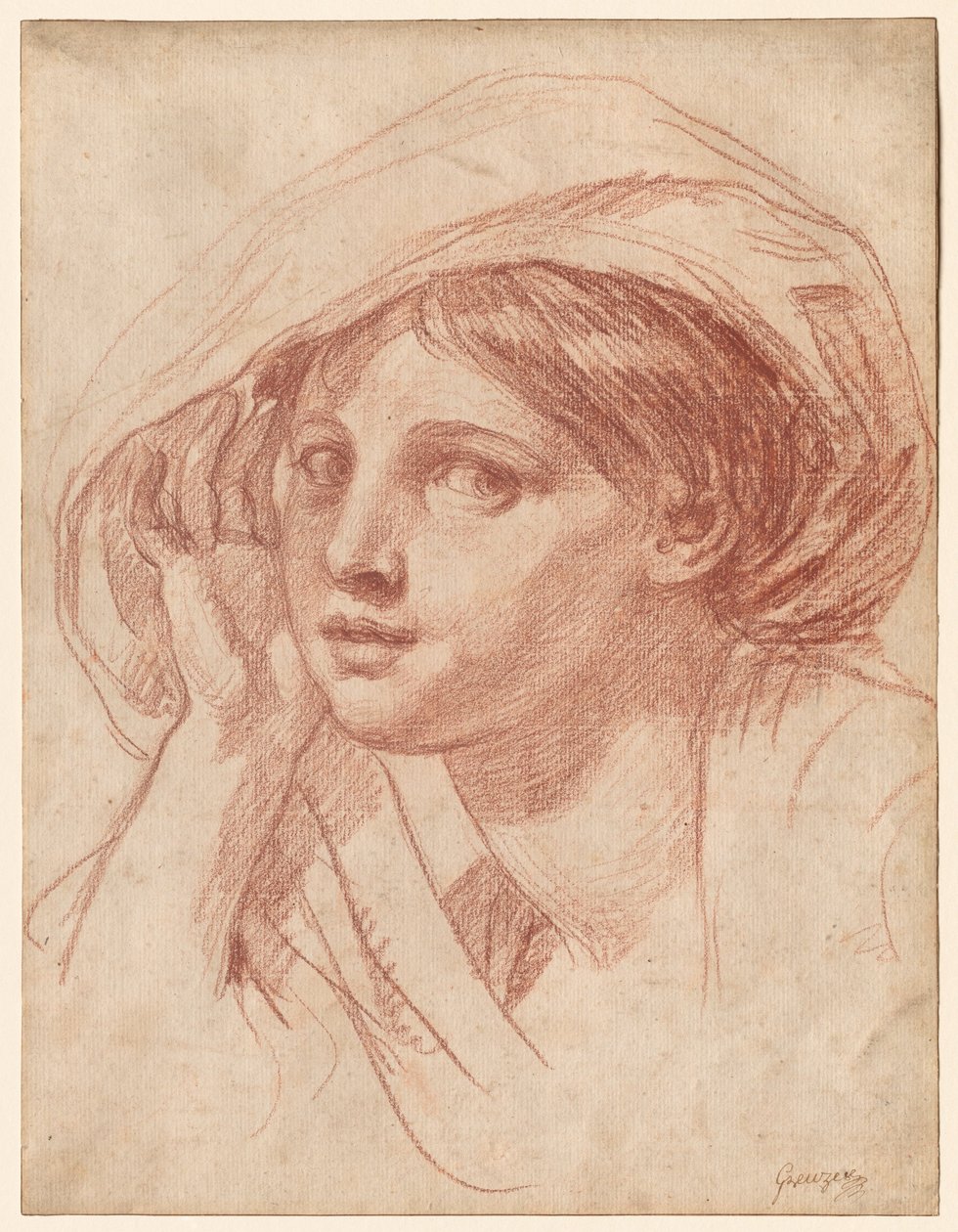 Hoved af en ung kvinde, ca. 1785 (rødt kridt på hvidt papir) af Jean Baptiste Greuze