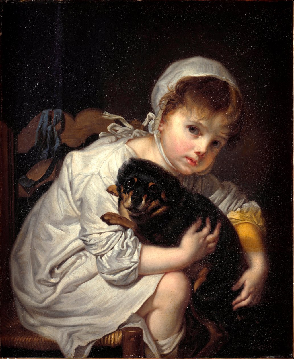 Den lille pige med den lille hund Maleri af Jean-Baptiste (Jean Baptiste) Greuze (1725-1805) 1769 Mål 64x53 cm Milano, Civiche Raccolte del Castello Sforzesco af Jean Baptiste Greuze