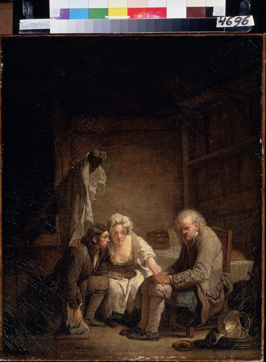 ""Den blinde mand bedrager"" (Blind mand bedraget). Ærlig mand offer for tricks, fidus og mangel på ærlighed. Maleri af Jean Baptiste Greuze (1725-1805) omkring 1755. Olie på lærred. Rokoko. Pushkin Museum, Moskva af Jean Baptiste Greuze