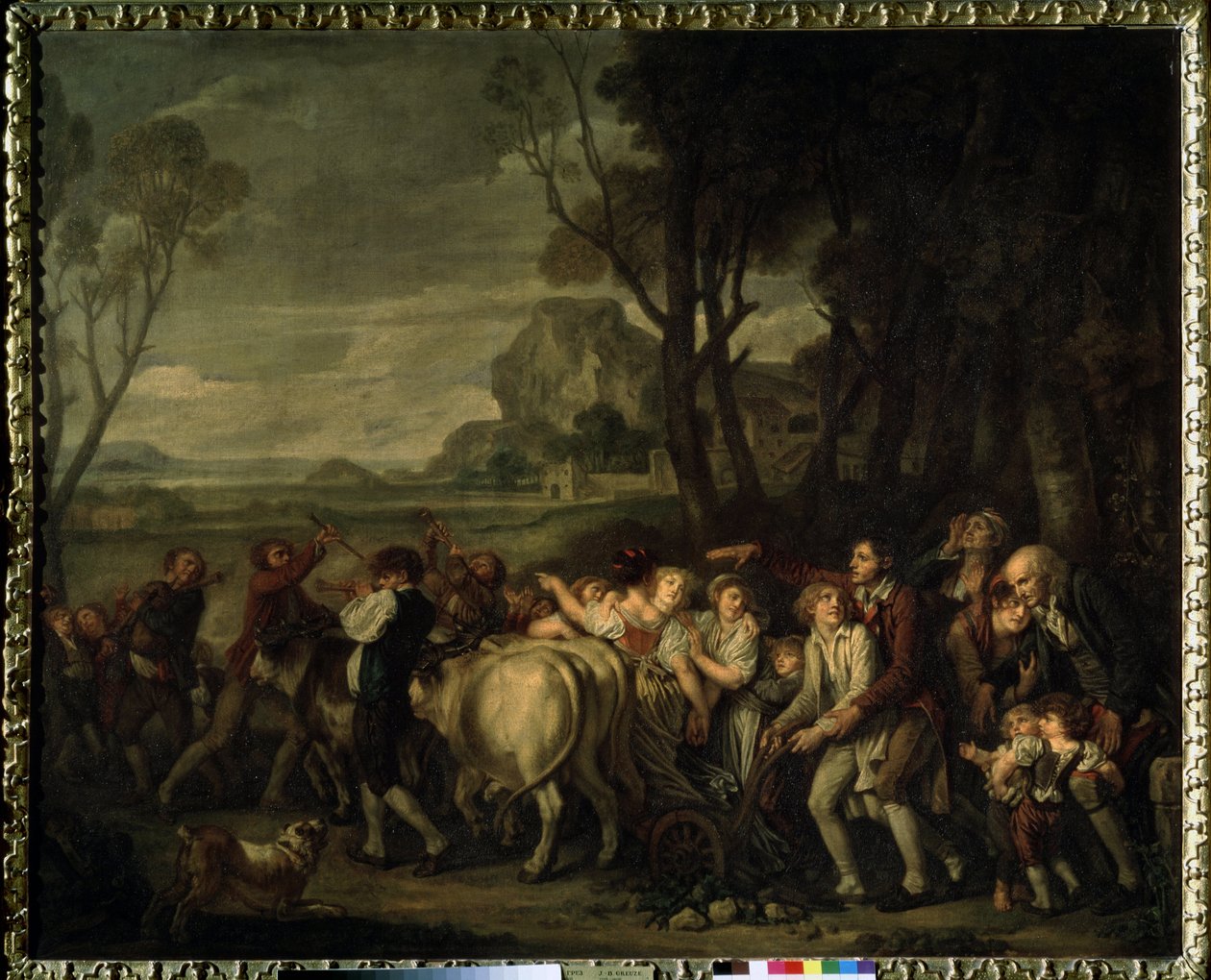 ""Den første fure"" (Den første fure) Bondefestival arrangeret i anledning af sporingen af ​​den første fure, der blev gravet under pløjningens begyndelse. Maleri af Jean Baptiste Greuze (1725-1805) 1801 Pushkin Museum, Moskva af Jean Baptiste Greuze