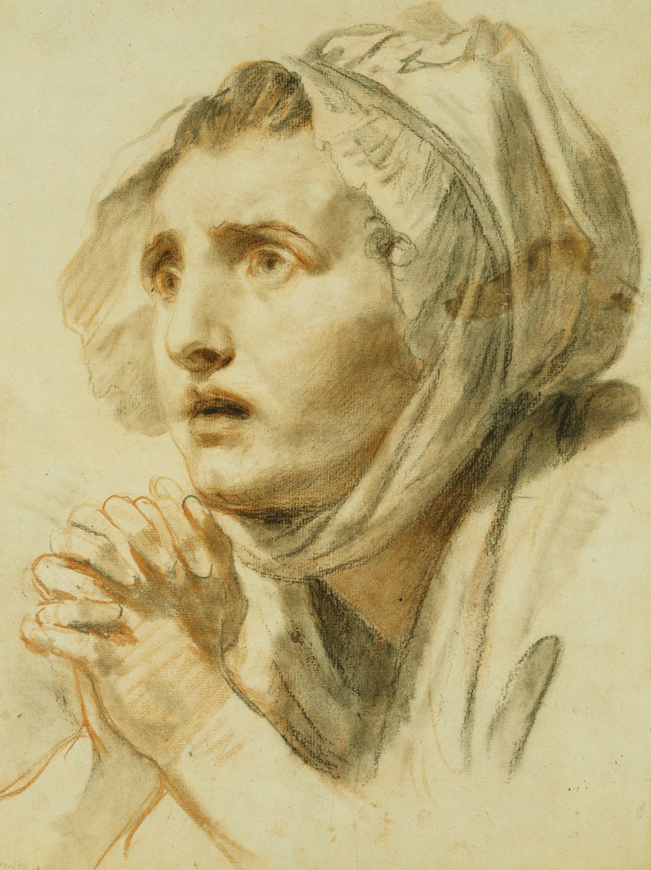 Portræt af en kvinde, brystlængde, i en motorhjelm, med hænderne sammen, af Jean Baptiste Greuze