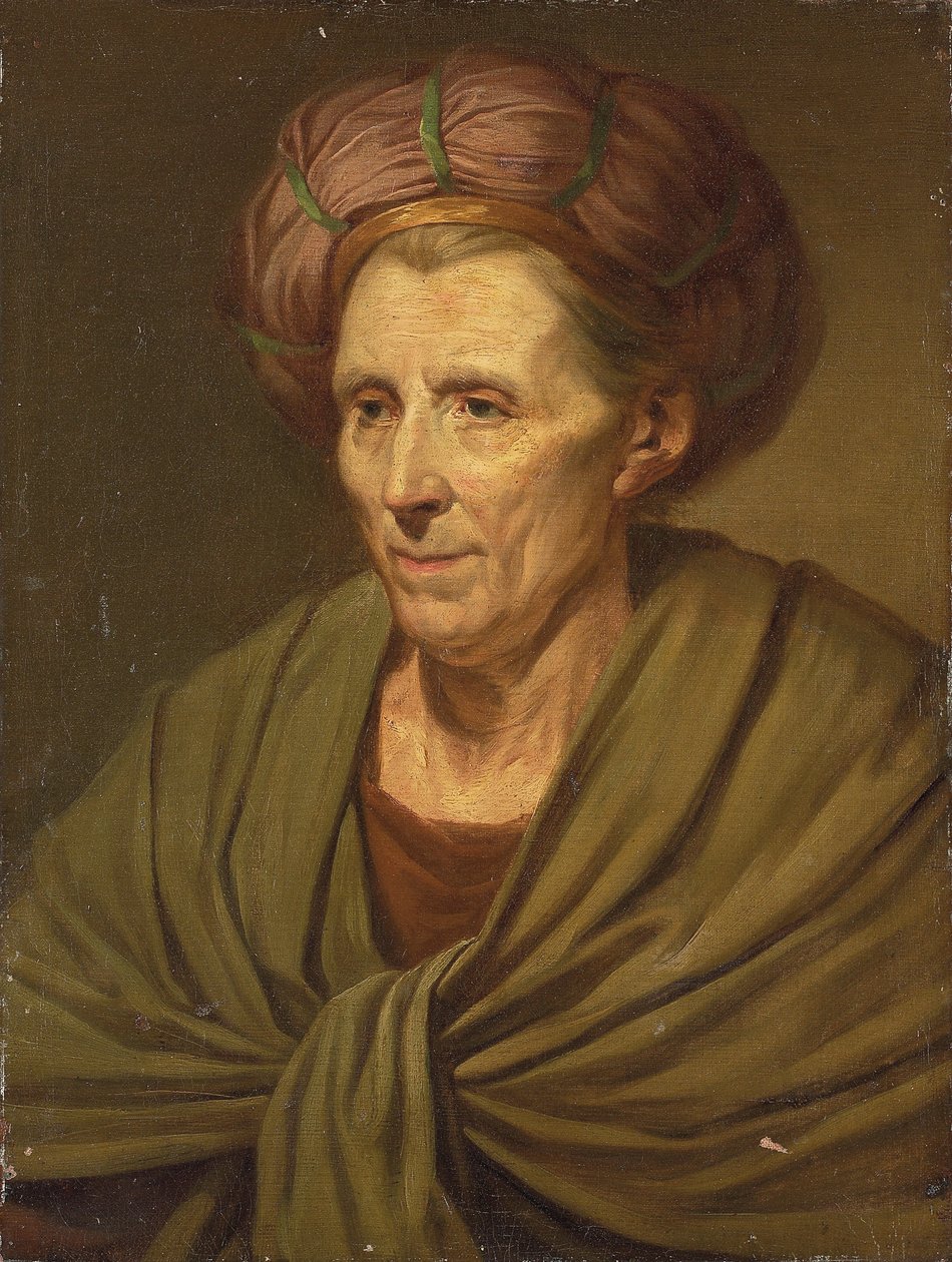 Portræt af en kvinde, brystlængde, med brun turban og grønt sjal af Jean Baptiste Greuze