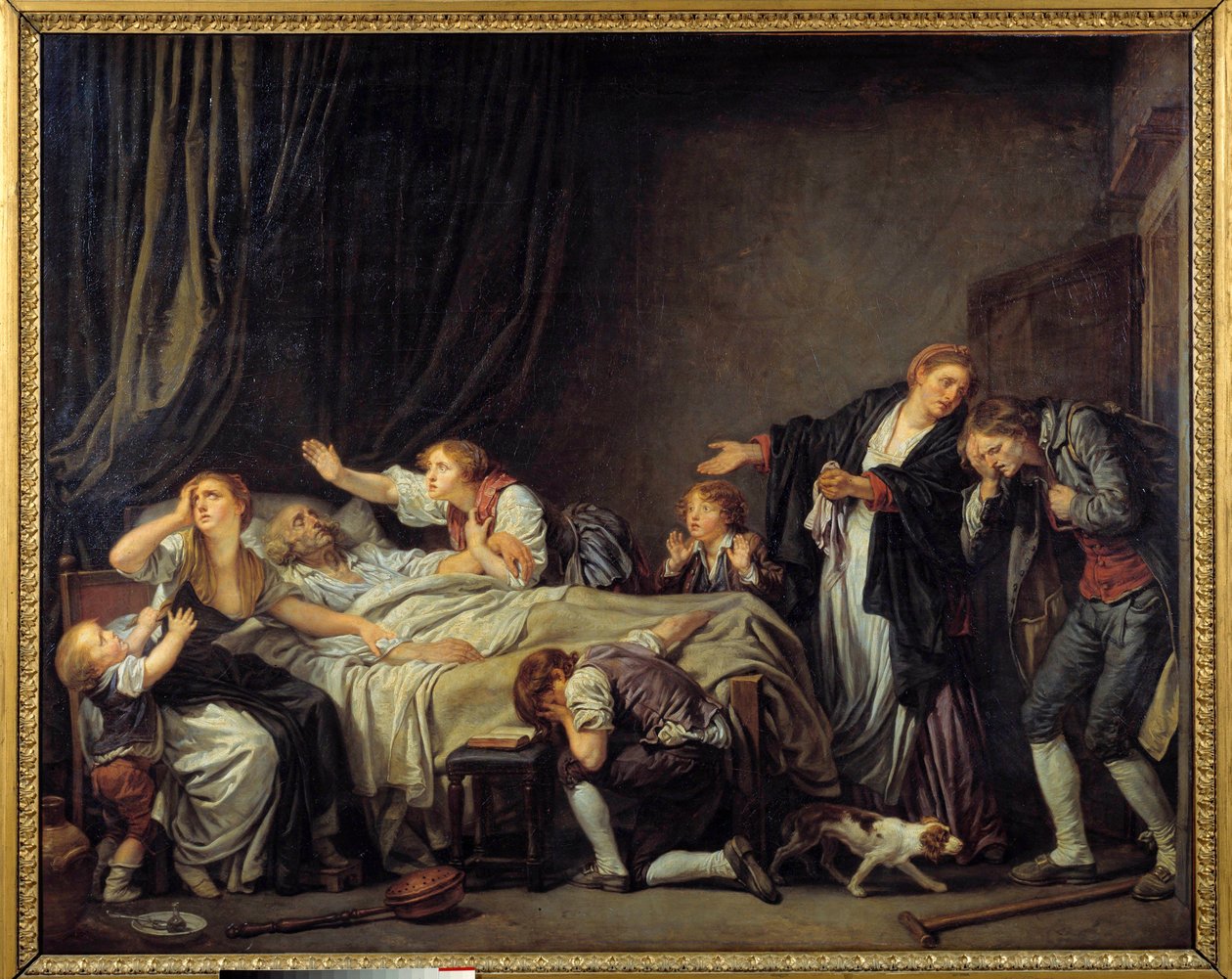 Søn straffet Sønnen vender hjem og finder sin familie grædende ved den døde fars seng. Maleri af Jean Baptiste Greuze (1725-1805) 1778 søn. 1,3x1,63 m af Jean Baptiste Greuze