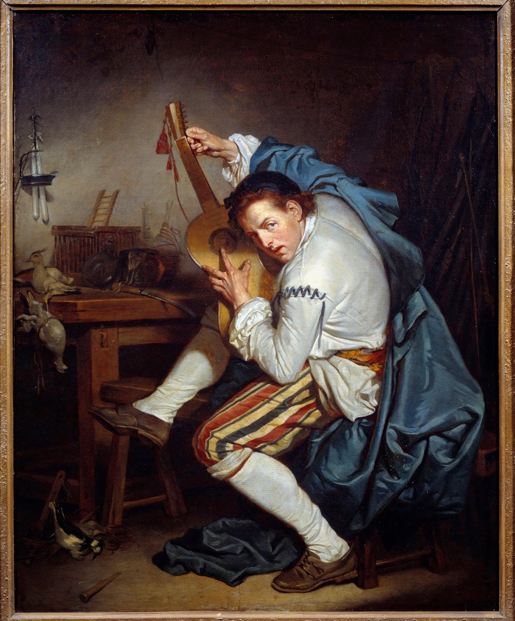 Guitaristen, eller en fugl, der ved hjemkomst fra jagt skænker sin guitar Maleri af Jean Baptiste Greuze (1725-1805) 1700-tallets søn. 0,71x0,57 m Nantes, Musee des Beaux Arts af Jean Baptiste Greuze