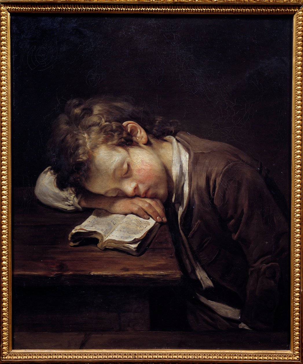 Den dovne lille. Portræt af en ung dreng, der dræbte på sin bog. Maleri af Jean Baptiste Greuze (1725-1805) af Jean Baptiste Greuze