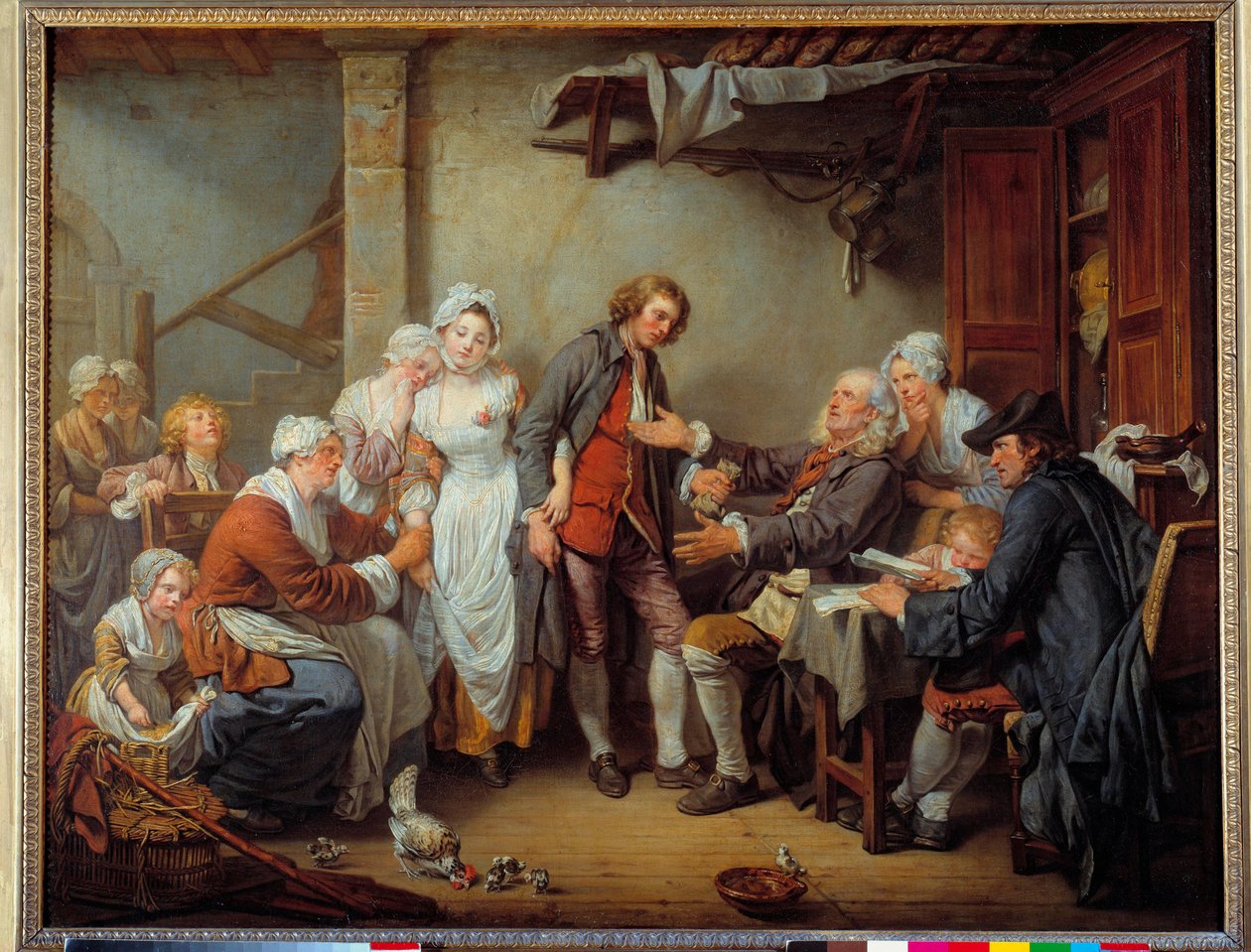 Landsbyens accept Brudens far giver sin svigersøn gave. Maleri af Jean Baptiste Greuze (1725-1805). 1761 søn. 0,92 x 1,17 m. af Jean Baptiste Greuze