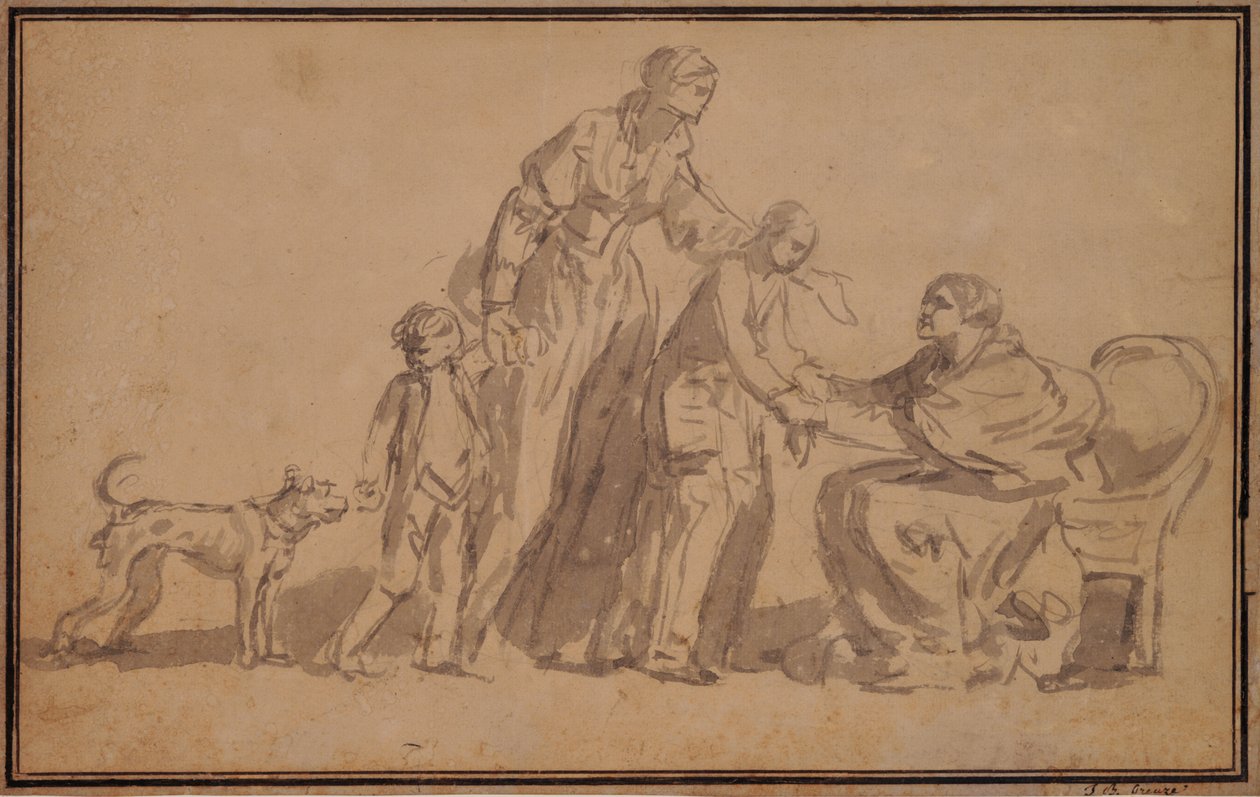 To børn og mor budt velkommen af en gammel sygeplejerske af Jean Baptiste Greuze