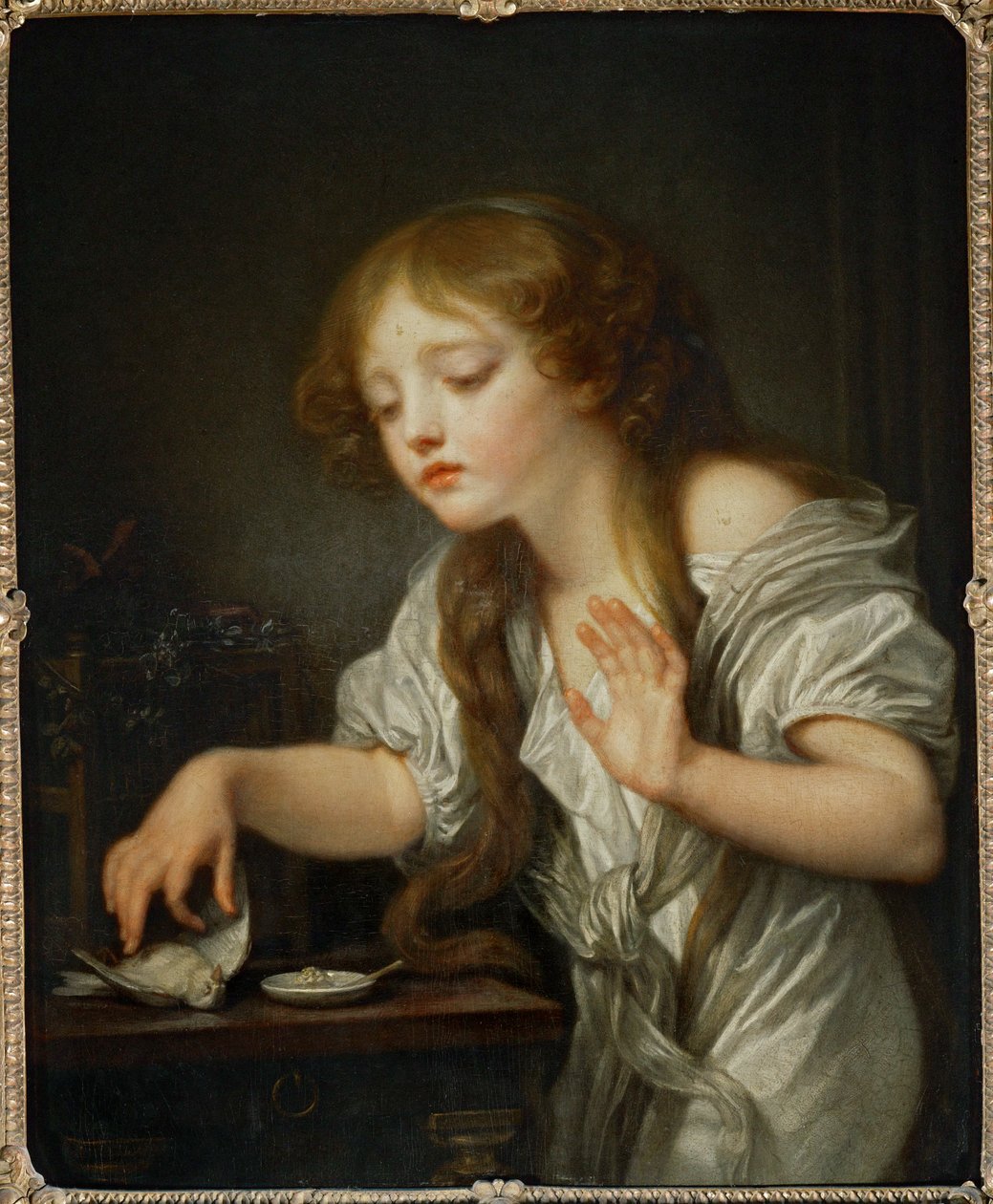Et barn, som ikke vil røre ved en fugl af frygt for, at den er død, siger, at fuglen er død ... af Jean Baptiste Greuze