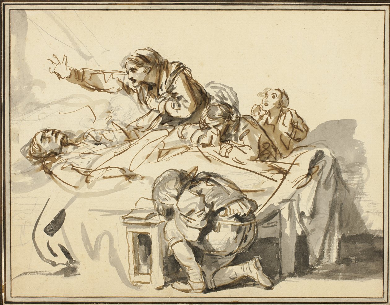 Kvinder og børn sørger over en død mand af Jean Baptiste Greuze