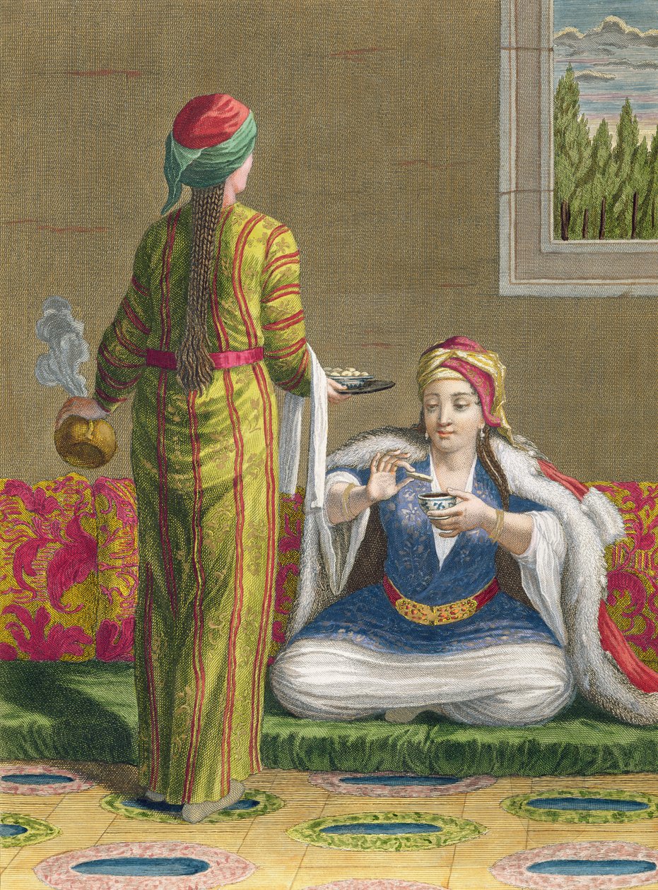 Tyrkisk pige, der drikker kaffe på sofaen, 1700-tallet af Jean Baptiste Haussard