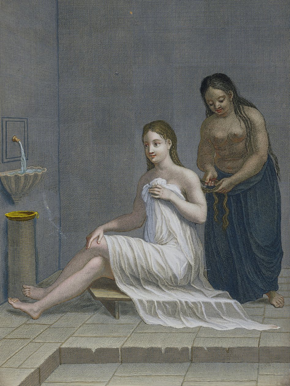 Tyrkisk pige, der har sit hår flettet i badene, 1700-tallet af Jean Baptiste Haussard