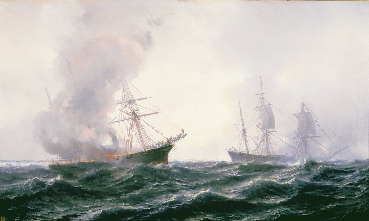 Et skib i brand på havet, med et andet stående af Jean Baptiste Henri Durand Brager