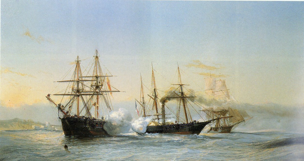 Søslag foran den marokkanske kyst mellem to marokkanske brigger og en fransk hjulkorvet i forbindelse med den franske eskadres bombardement af Mogador i 1844. af Jean Baptiste Henri Durand Brager