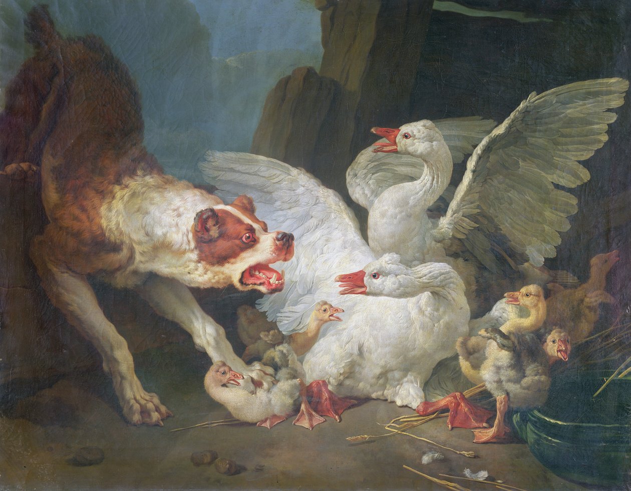 En hund, der angriber gæs, 1769 af Jean Baptiste Huet