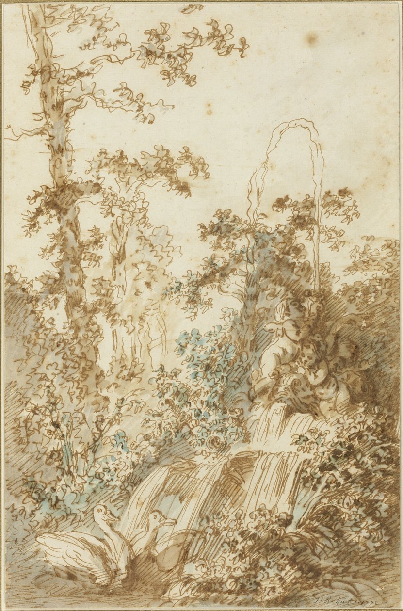 Capriccio med springvand og boltrede svaner af Jean Baptiste Huet