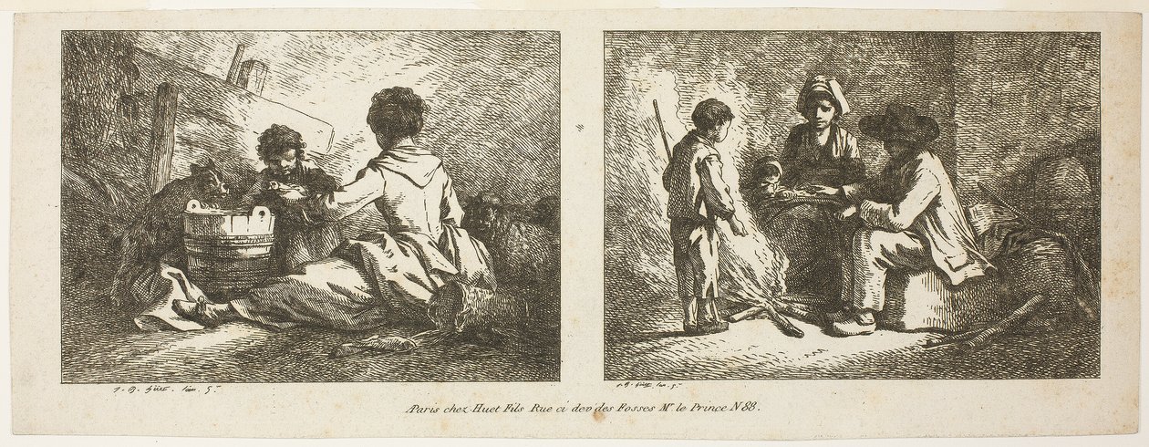 Børn med hund og får og bondefamilie ved et bål af Jean Baptiste Huet