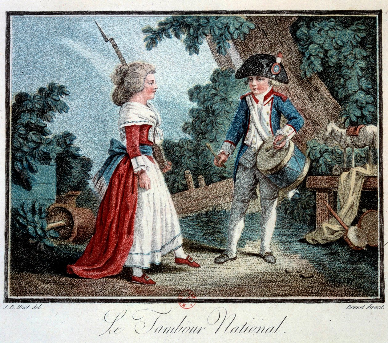 Fransk revolution: "" Le tambour national"" To små børn forklædt som revolutionære. Litografi af Jean Baptiste Huet (1745-1811) Paris fra det 18. århundrede, dekorativ kunst af Jean Baptiste Huet