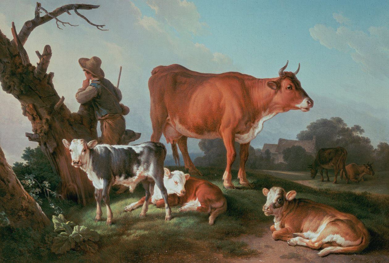 Pastoral scene med en kohyrde af Jean Baptiste Huet