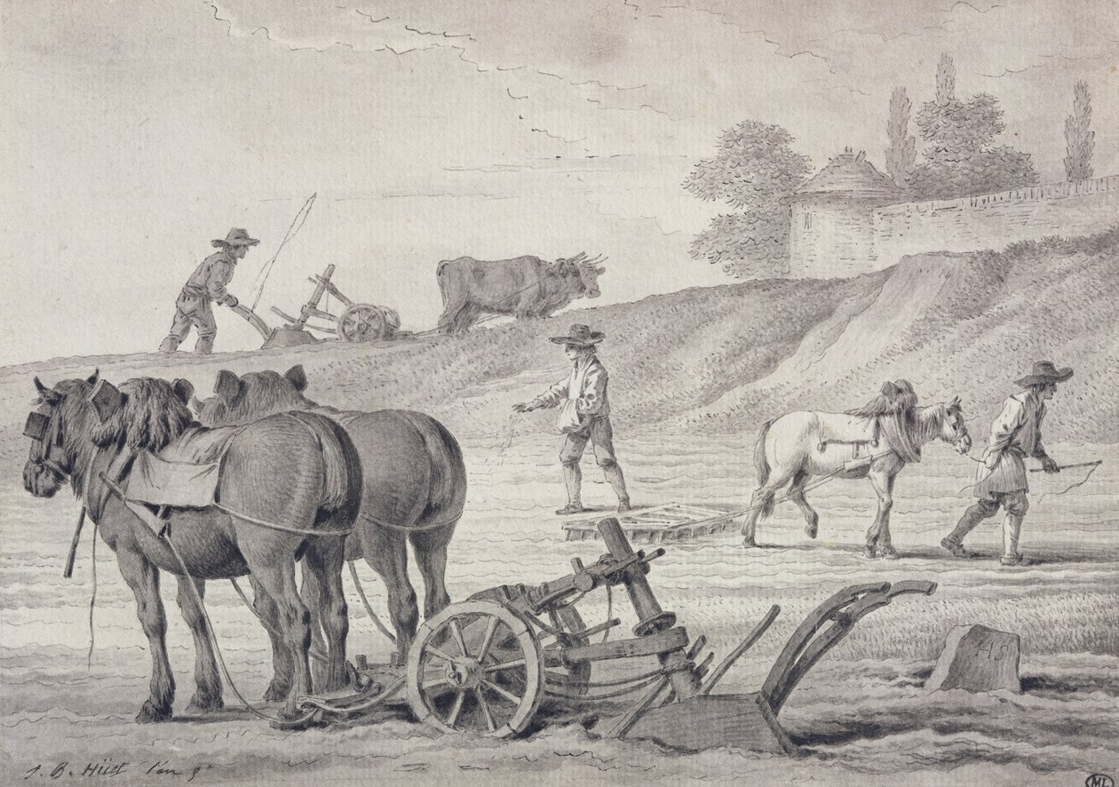Pløjning af markerne (pen og blæk og vask på papir) af Jean Baptiste Huet