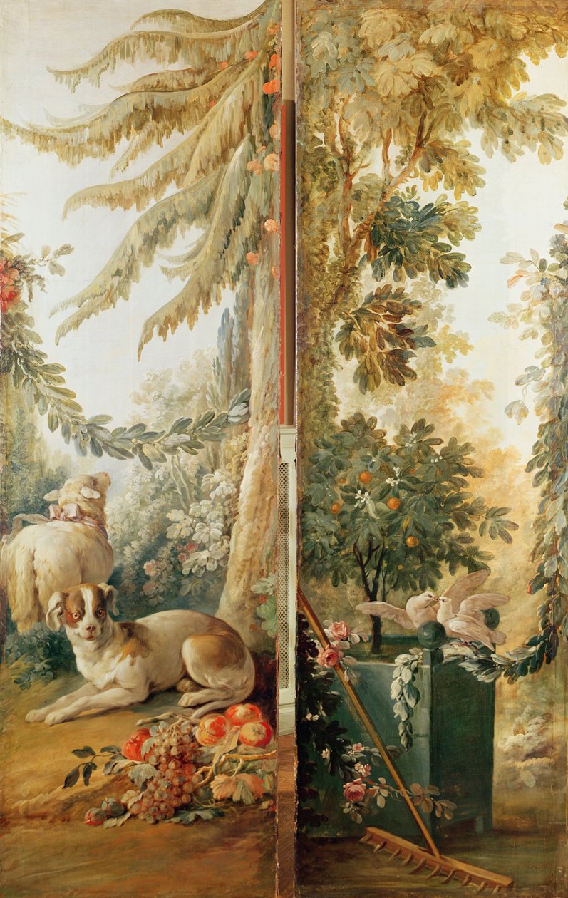 Salon af trykkeri Gilles Demarteau, to paneler 1. hund og får 2. plantet appelsintræ med hakkeduer af Jean Baptiste Huet