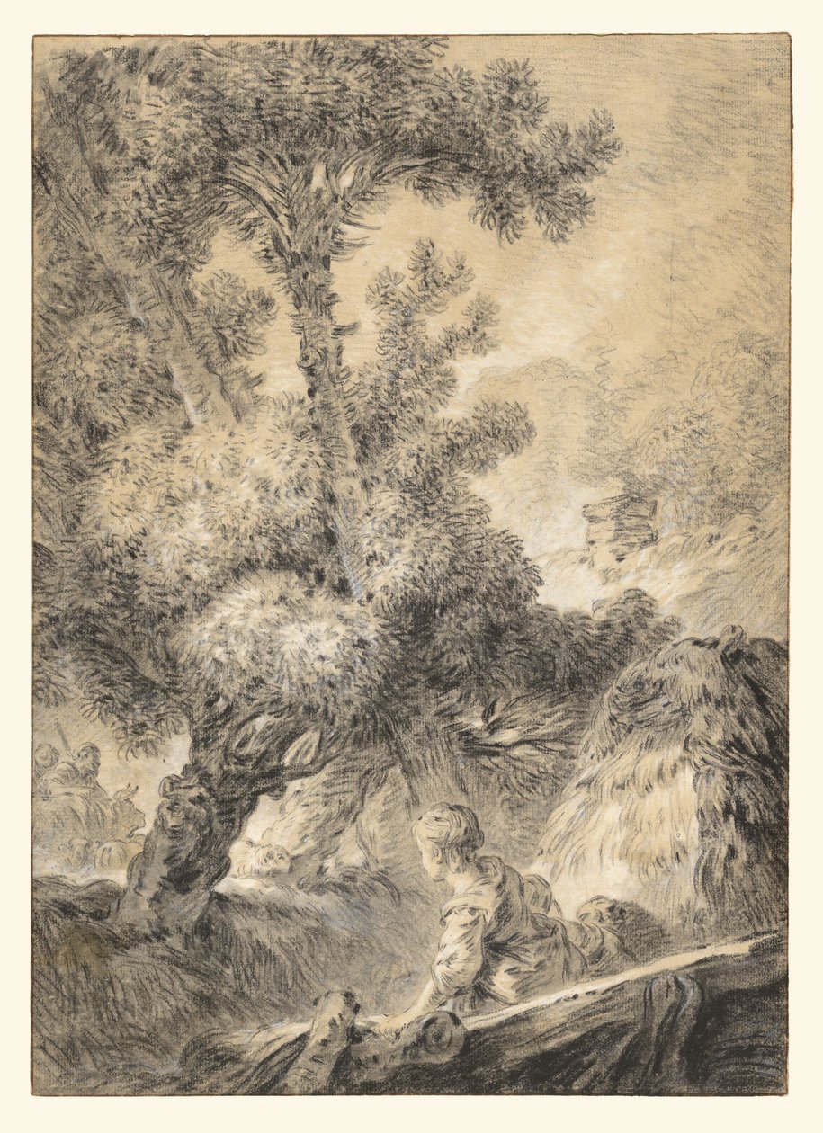 Hyrde og hyrdinde i et bukolisk landskab af Jean Baptiste Huet