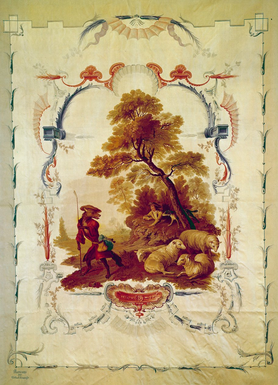 Ulven blev hyrde Illustration til fabel af Jean de La Fontaine. Gobelin af Jean Baptiste Huet (1745-1811) fremstillet hos Beauvais-fabrikkerne. Paris fra det 18. århundrede, nationale møbler. af Jean Baptiste Huet