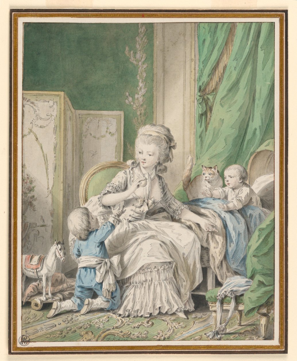 Tegning, Mor og to børn i et boudoir, muligvis 1782 af Jean Baptiste Huet