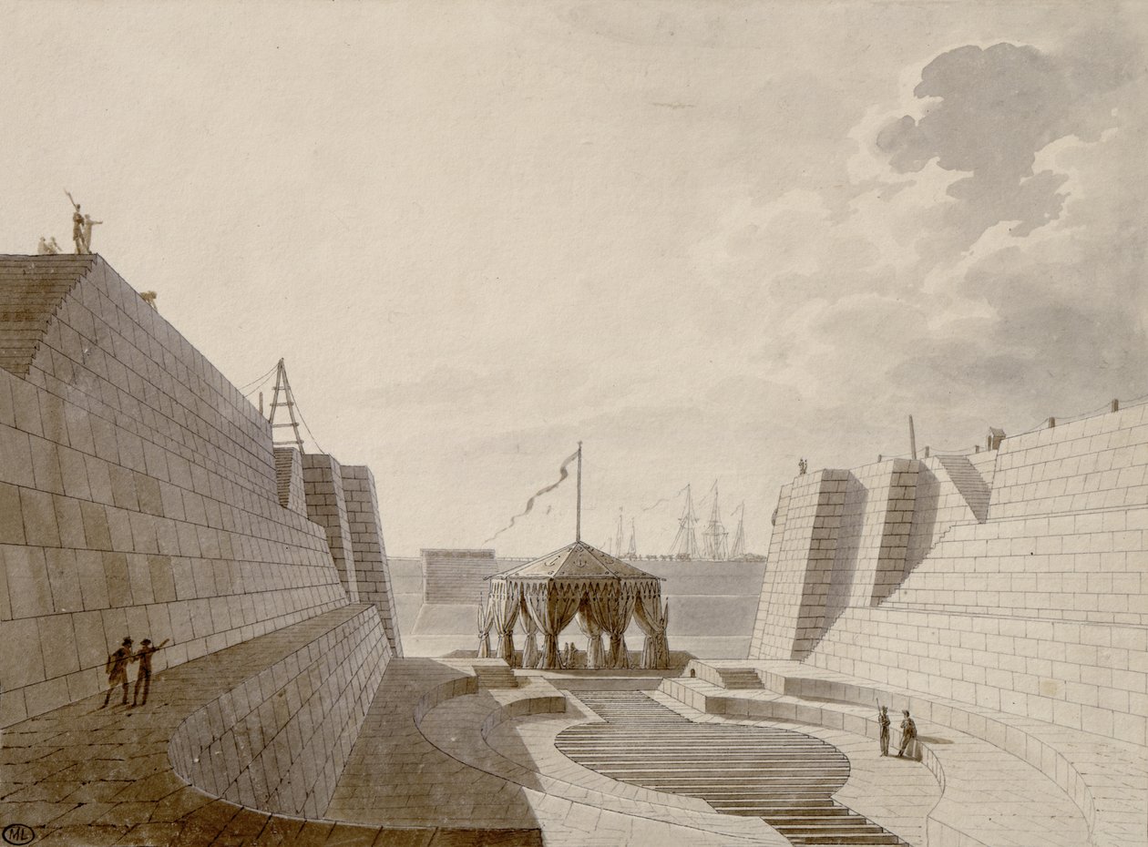 Tørdok i Cherbourg, juli 1813 (pen, blæk og wc på papir) af Jean Baptiste Isabey