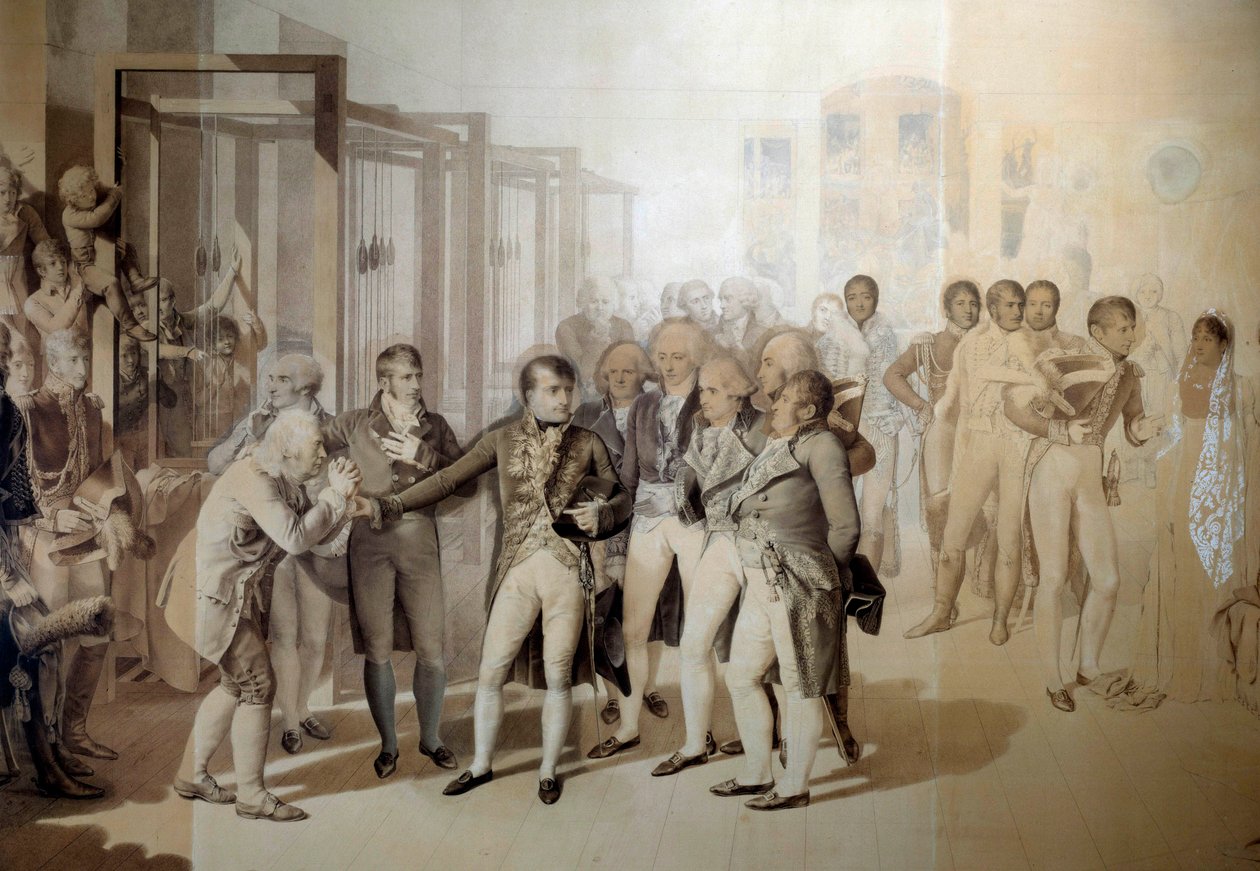 Napoleon Bonaparte (1769-1821), førstekonsul, i nærværelse af Josephine de Beauharnais, besøger de syv brødres fløjlsfabrik i Rouen, november 1802. Tegner i vasken af Jean Baptiste Isabey (1767-1855) 1804 Søn. 1,24x1,76 m Versailles, mu af Jean Baptiste Isabey