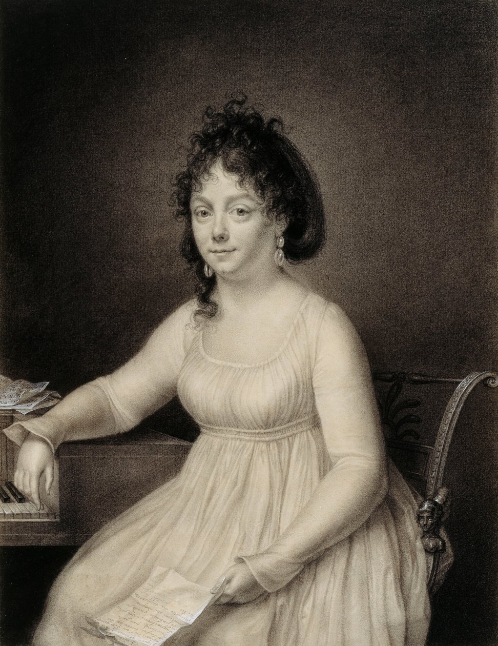 En siddende dame, trekvart lang, formentlig et medlem af kunstnerens familie, der holder et bogstav i venstre hånd og hviler sin højre arm på siden af et klaver, 1820 af Jean Baptiste Jacques Augustin
