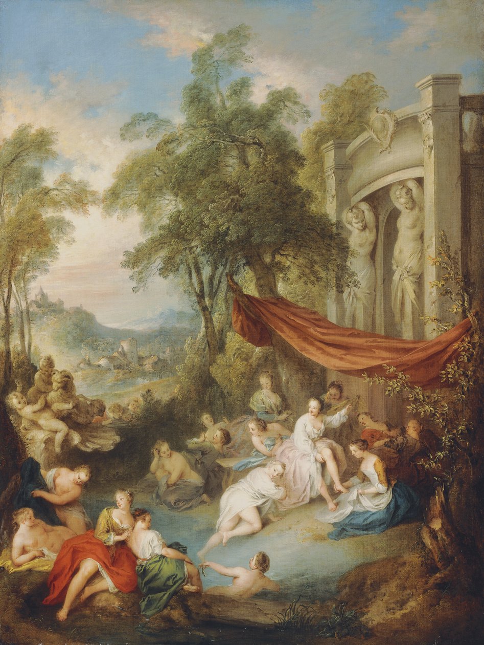 Nymfer bader ved en pool ved en loggia, af Jean Baptiste Joseph Pater