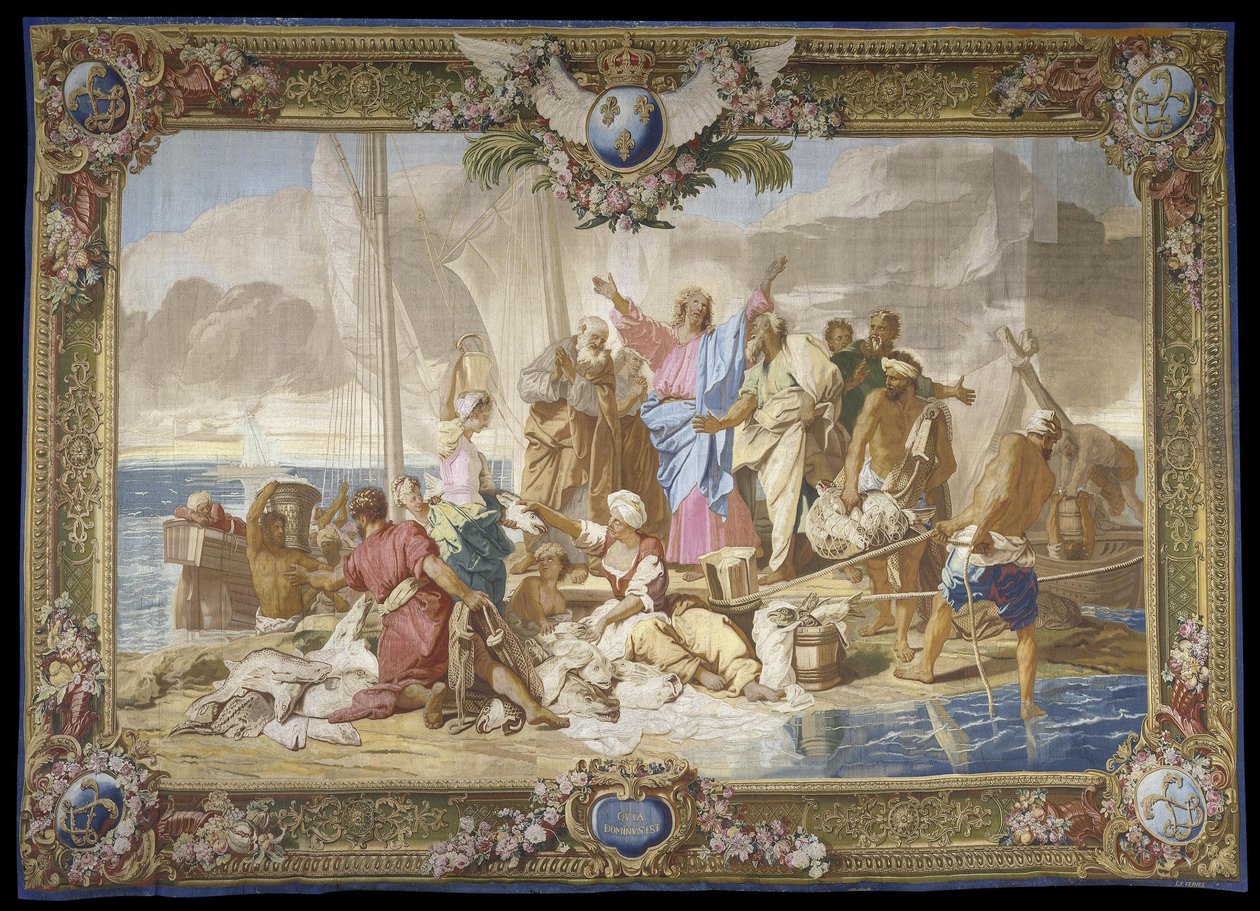 ""Det mirakuløse fiskeri"" Det Nye Testamente hængende i uld og silke Manufacture royale des Gobelins, værksted af Jean Lefebvre, efter Jean Jouvenet (1644-1717) af Jean Baptiste Jouvenet